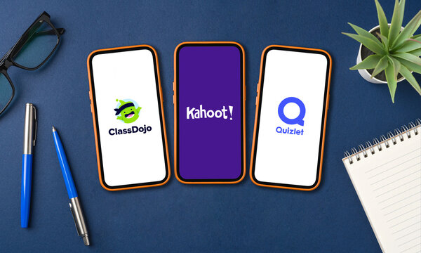 Antalya, Turkey - April 3, 2026: Smartphones displaying Kahoot, Quizlet and ClassDojo apps on workspace
