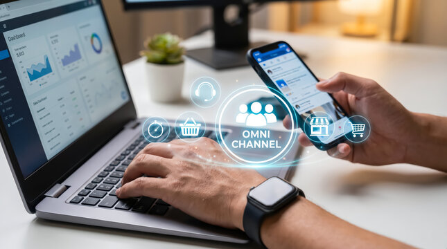 Person working on laptop and smartphone with omnichannel marketing icons for digital business strategy