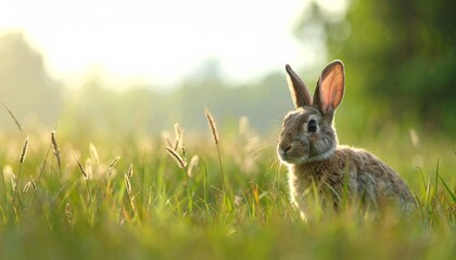 Obraz premium Brown rabbit sitting in a field of tall green grass outdoors