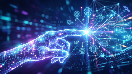 Fototapeta premium Futuristic AI Hand Touching Digital Interface with Data and Technology Icons