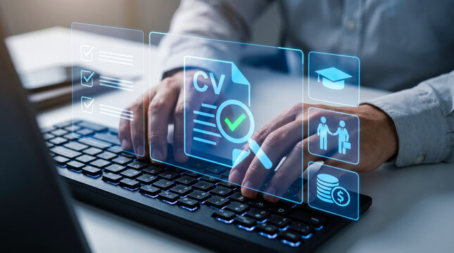 Online recruitment and job application concept with person typing on keyboard and digital cv screening overlays