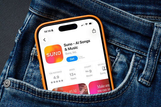 Antalya, Turkey - March 24, 2026: Smartphone in pocket displaying Suno AI music generation app