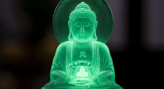 Glowing Green Buddha Statue Spiritual Meditation Concept