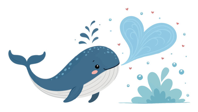 A cartoon whale blowing a heart-shaped water spray