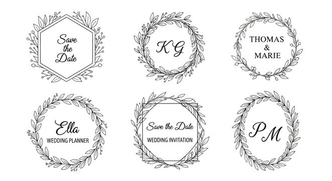 Beautiful Wreath Monograms and Save the Date Frames for Wedding Invitations and Branding