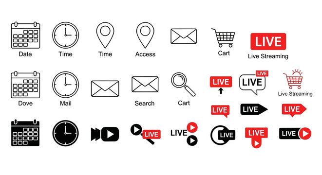 Collection of icons representing common digital and administrative tasks and activities, including calendar, clock, location, mail, search, and live streaming