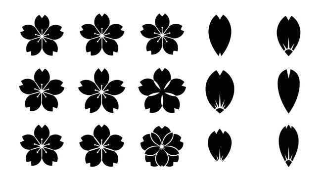 Elegant black cherry blossom vector icons and isolated petals for spring floral designs. Traditional Japanese sakura graphic elements set, perfect for various creative projects