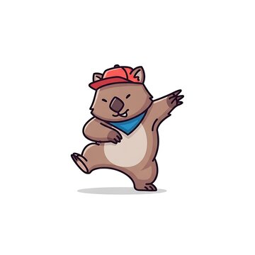 Animated cartoon depicting a wombat with a red cap and blue scarf, dabbing with a happy expression