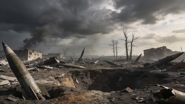 Generative Ai depicts a war-torn landscape filled with destroyed infrastructure and ominous storm
