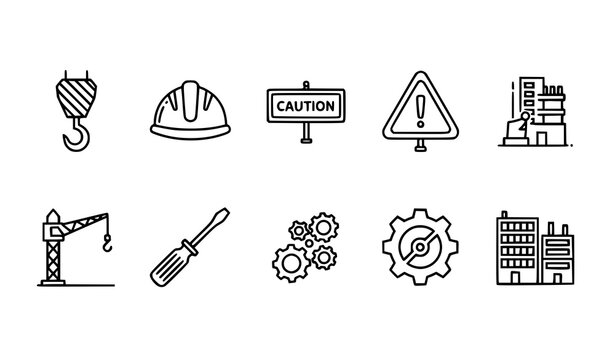 Black thin line under construction icons with caution and repair symbols vector set