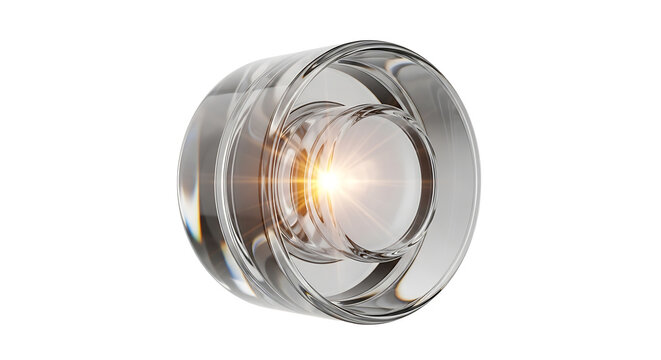 Abstract 3d rendering of a transparent glass sphere with swirling liquid and a bright light source inside, isolated on white