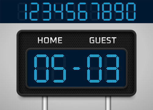 Sports scoreboard with digital glowing numbers. Scoreboard for sports events, alarm timers and countdowns. Vector illustration.