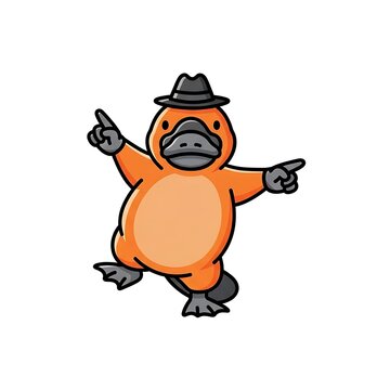 Animated cartoon illustration featuring a stylized, orange-bodied monotreme animal, wearing a fedora, pointing with both hands