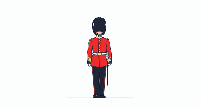 Illustration of a British guard in a red uniform and black bearskin standing at attention on a white background.