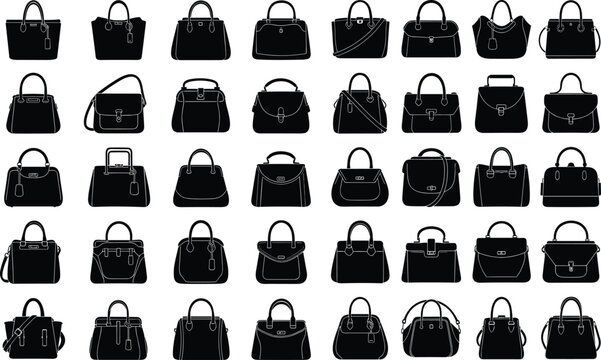 Handbag silhouette collection, fashion purse variety, stylish tote illustration, elegant bag design, black and white accessory vector artwork