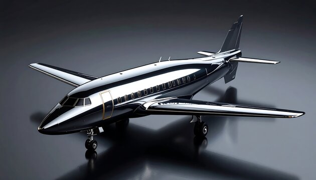 A sleek silver private jet model on a dark gray surface