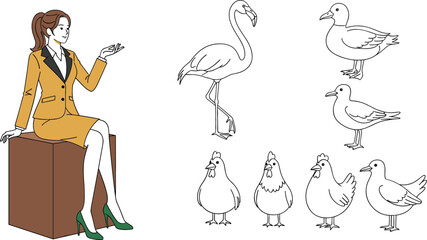 Obraz premium Elegant Woman Sitting with Outline Bird Collection Featuring Flamingo Ducks and Chickens Vector Illustration Set