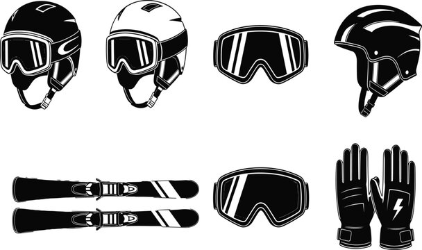Skiing equipment silhouette collection, helmet and goggles illustration, ski gear vector artwork, gloves design icon, black and white winter sport