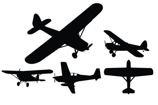 Light propeller aircraft silhouettes collection, small private planes and bush planes in various flight maneuvers