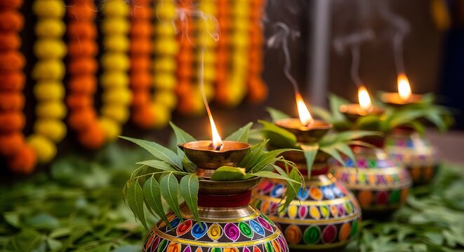 Row of Three Decorated Brass Bonam Vessels with Oil Lamps and Neem Leaves for Bonalu Festival Celebration in Hyderabad Telangana India