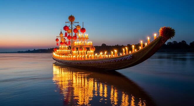 Intricately Handcrafted Bamboo Fire Boat with Glowing Beeswax Candles Floating on the Mekong River During the Luang Prabang Festival at Twilight