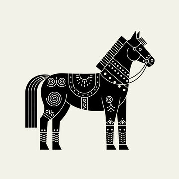 Title: Ornamental Folk Art Horse Silhouette Vector Illustration