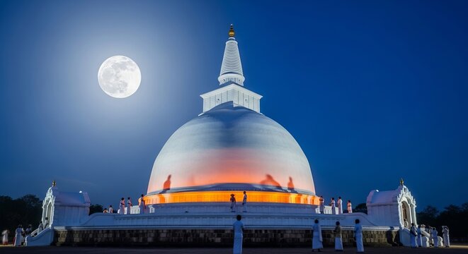 Magnificent Mihintale white stupa at night under a glowing full moon with silhouettes of pilgrims in traditional white attire during Poson Poya festival