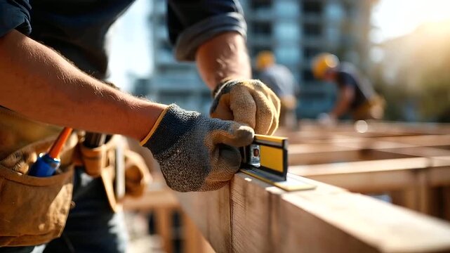 Close up of hands in work gloves holding a spirit level on a wooden beam at a bright construction site sawdust on the gloves and forearms a tool belt with a claw hammer and