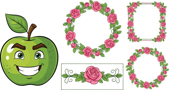 Cute Cartoon Green Apple Character with Decorative Rose Floral Frames and Borders Vector Illustration Set