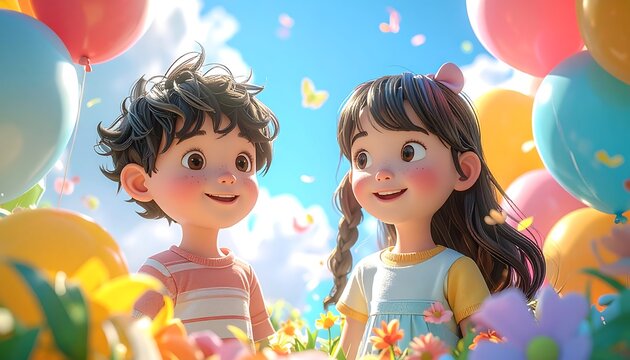 Animated boy and girl smiling amidst colorful balloons and flowers, under a bright blue sky, celebrating friendship