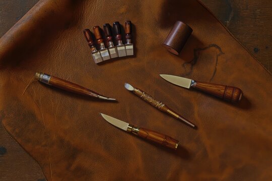 Artisan leatherworking tools including knives, bevelers, and awls laid out on a rich brown leather surface.