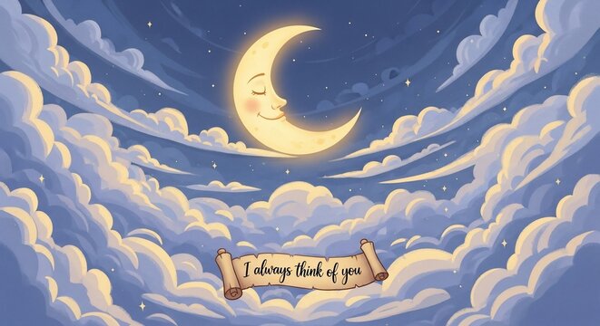 Cartoon crescent moon clouds scroll