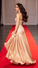 Fototapeta premium A woman in a long, peach-colored dress on a red carpet