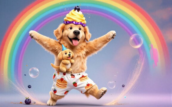 Happy puppy celebrates with rainbow cupcakes and bubbles in a joyful