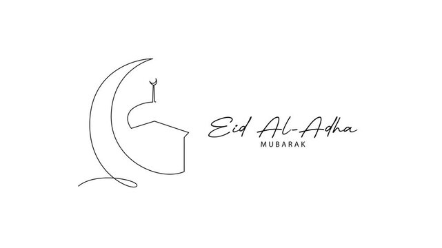 Crescent Moon Mosque Eid Mubarak Illustration. Eid Al adha Concept. Single line draw design Video 4k. Footage graphic illustration