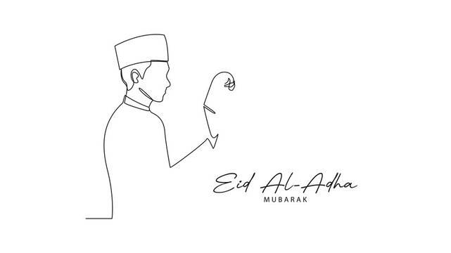 Man Holding Lantern For Eid Mubarak. Eid Al adha Concept. Single line draw design Video 4k. Footage graphic illustration