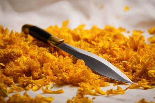 Conceptual minimal photograph a single Sikh kirpan (ceremonial dagger) resting diagonally on a bed of fresh marigold petals, clean white background, dramatic single spotlight, 