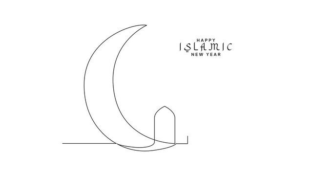 Crescent Moon Mosque Islamic New Year. Islamic new year Concept. Single line draw design Video 4k. Footage graphic illustration