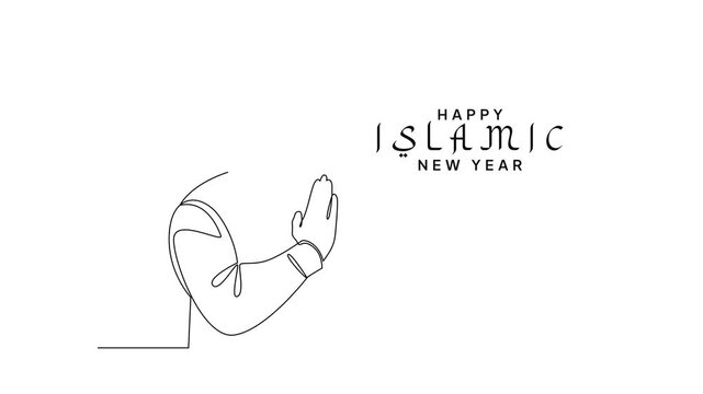 Muslim Man Greeting Islamic New Year Prayer. Islamic new year Concept. Single line draw design Video 4k. Footage graphic illustration