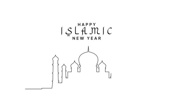 Mosque Skyline Islamic New Year Illustration. Islamic new year Concept. Single line draw design Video 4k. Footage graphic illustration