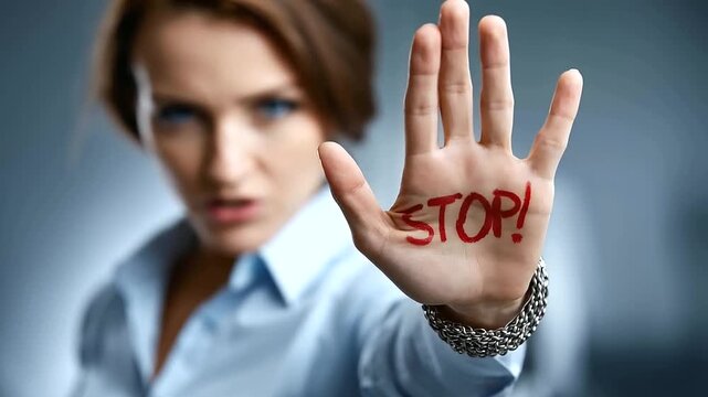 Powerful image of faceless woman holding hand up to camera with word STOP! clearly written in red ink on palm, with copy space