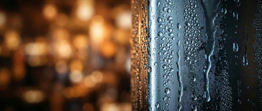 Macro view of heavy condensation and water droplets on a cold metallic surface. Contrast with warm orange bokeh background