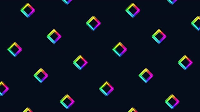Abstract geometric neon diamond frames repeating in a seamless pattern on a dark background, vibrant gradient glow for modern tech, party, and UI visuals