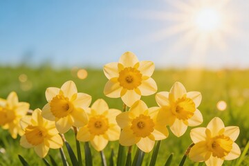 Obraz premium Daffodils in sunlit spring meadow - yellow flowers in field