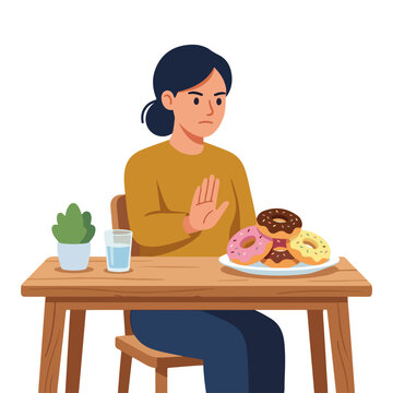 Woman pushing away plate of donuts. Healthy eating and diet willpower concept. Flat design vector illustration of food rejection