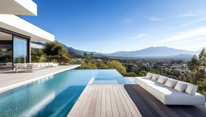 Fototapeta premium Modern terrace features white cushioned seats by crystal pool, lush garden and distant hills under sunny sky.