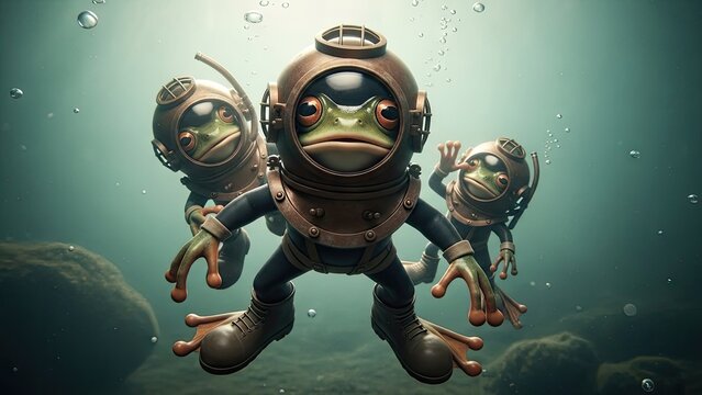 Three cartoon frogs wearing vintage diving suits underwater surrounded by bubbles