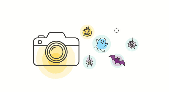 A simple line drawing of a camera surrounded by Halloween icons including a jack-o-lantern, ghost, bat, spider, and spider web against a white background with a yellow circle.