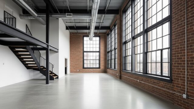 A spacious industrial loft with large windows and exposed brick walls