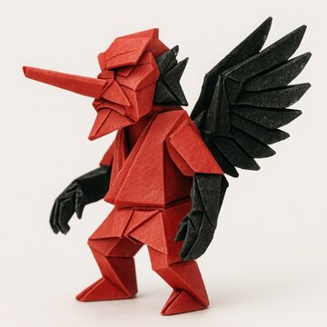 Complex paper craft showing a red faced winged spirit isolated against minimalist backdrop